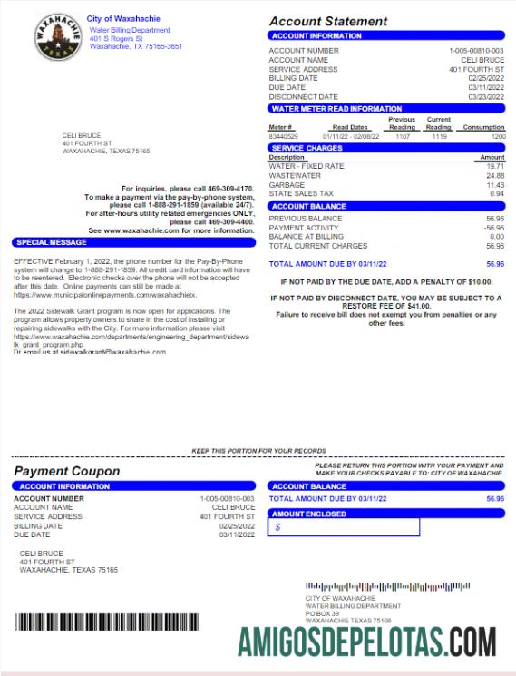 Para baxiar CIDADE DOS EUA DE WAXAHACHIE Modelo Word e PDF para conta de serviços públicos